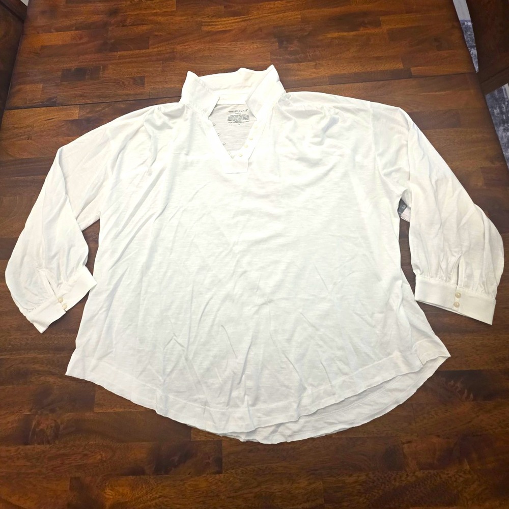 westbound woman womens white collared solid knit cotton modal top 3/4 1X 065